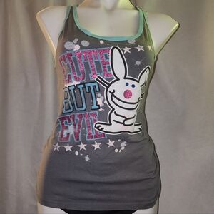 Used, Gray Racerback Tank Top with Cute But Evil Graphic